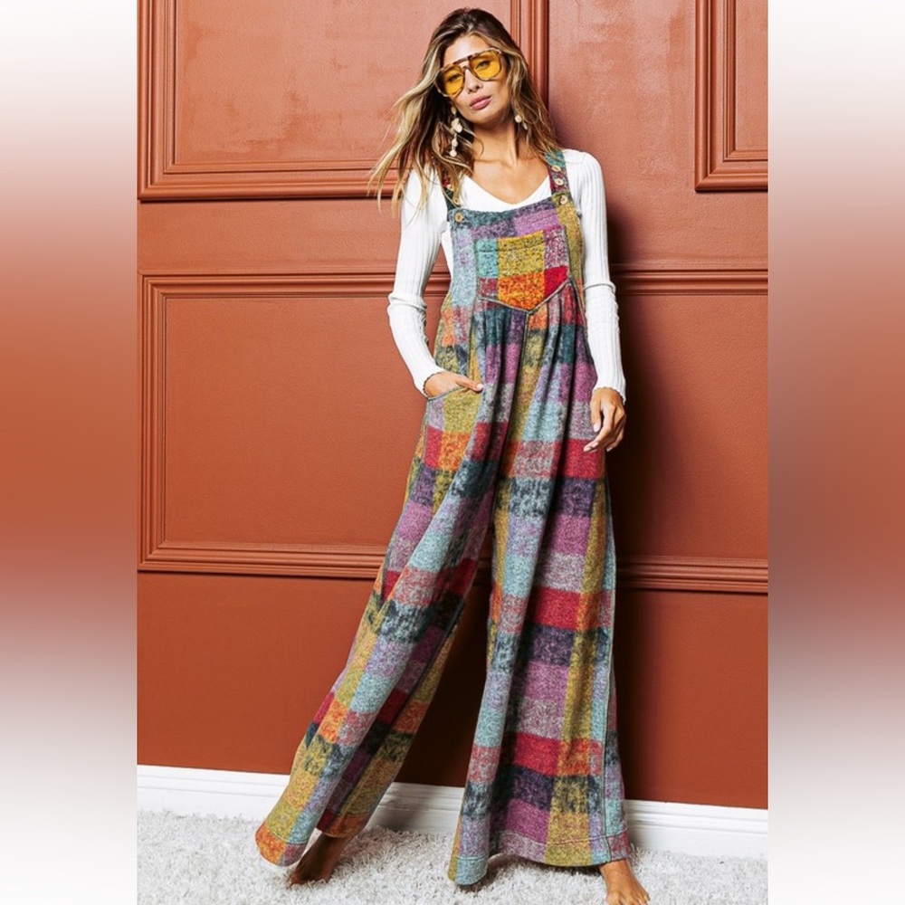 VINTAGE BRUSHED MULTI CHECKERED AND PLAID BOHO OVERALLS JUMPSUIT - Picture 6 of 8
